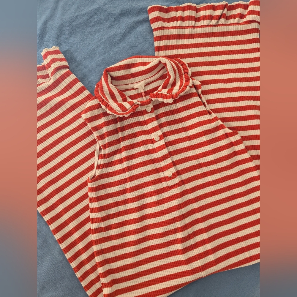 Red and White Striped Sleeveless Top and Pants Set